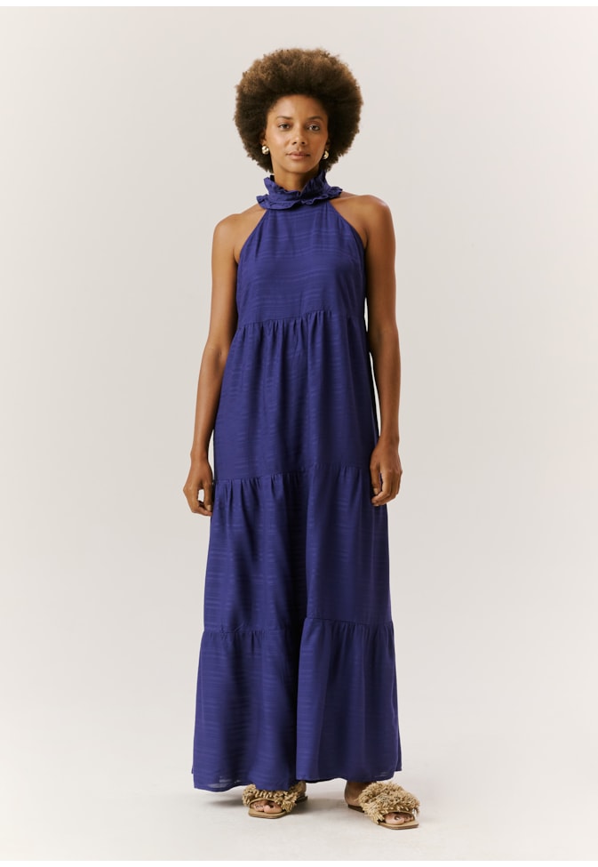 Vestido Longo Gola Jogo de Listras