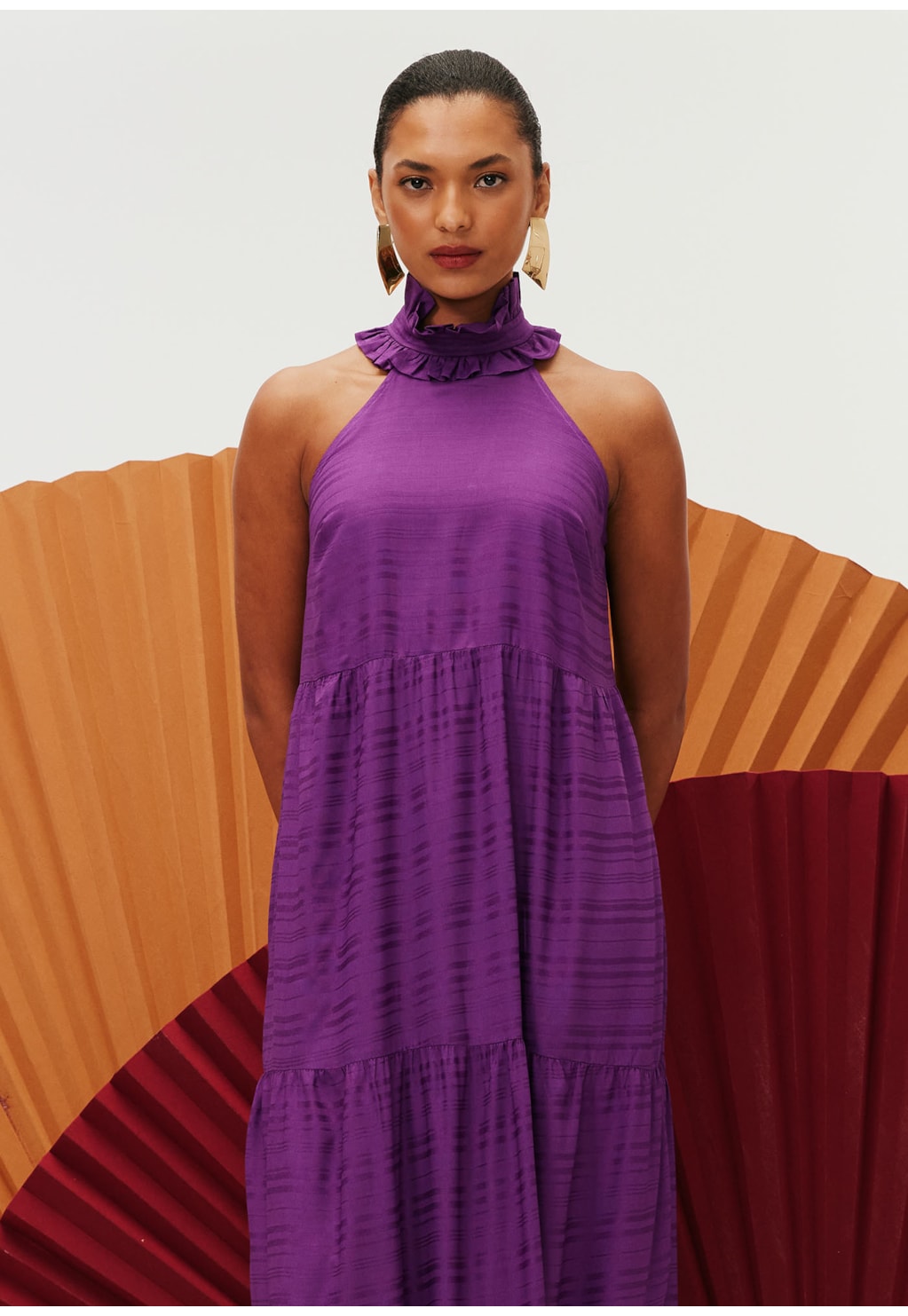 Vestido Longo Gola Jogo de Listras