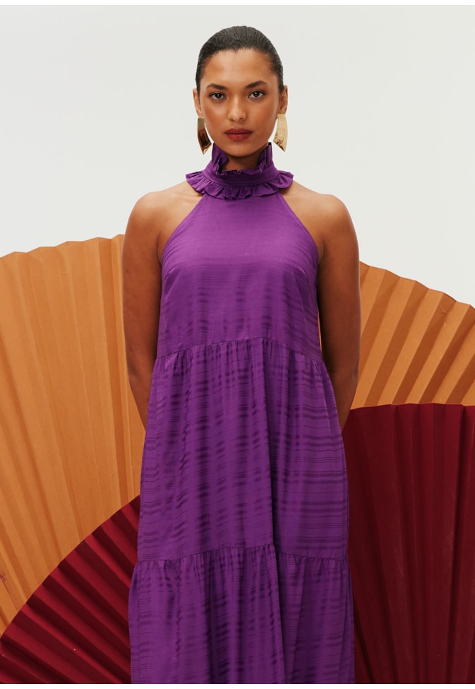 Vestido Longo Gola Jogo de Listras