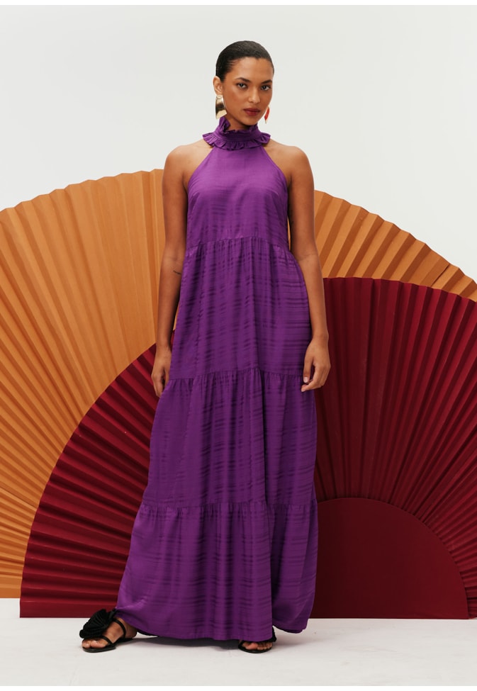 Vestido Longo Gola Jogo de Listras