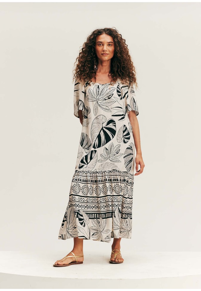 Vestido Longo Gola Quadrada Estampado Timbó