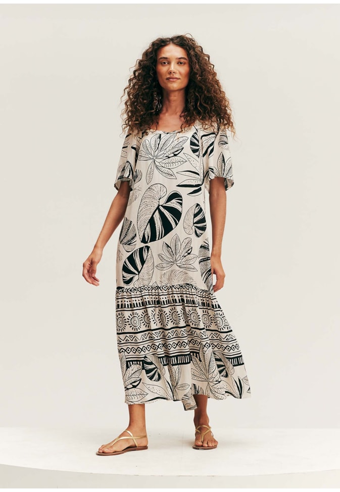 Vestido Longo Gola Quadrada Estampado Timbó