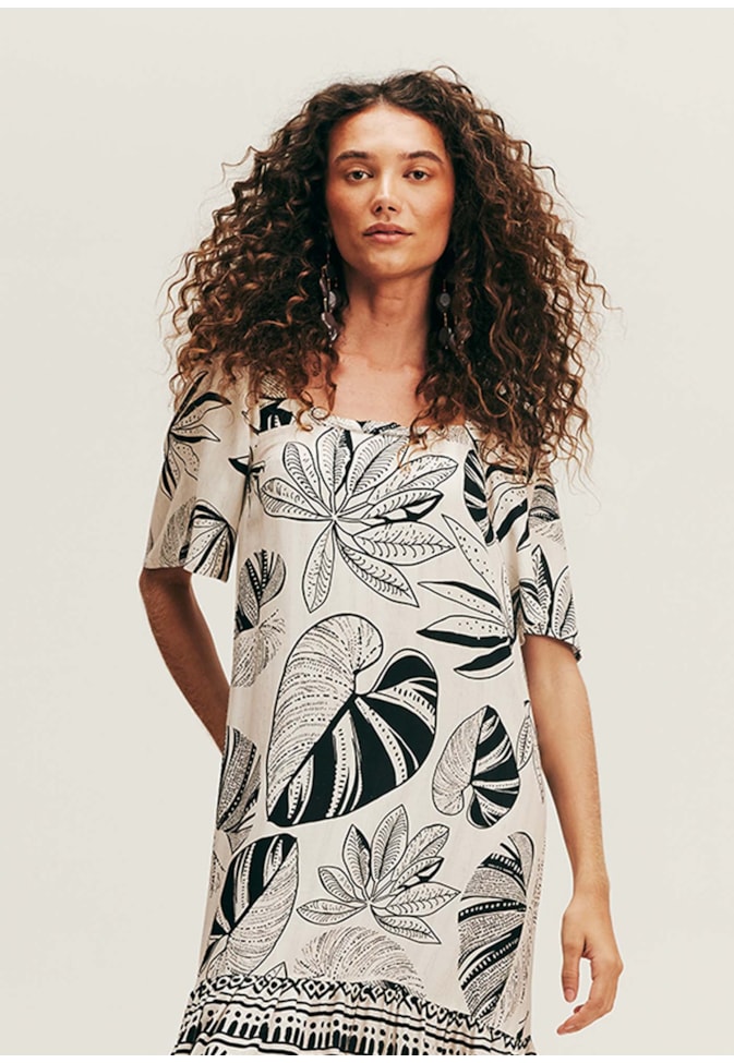 Vestido Longo Gola Quadrada Estampado Timbó