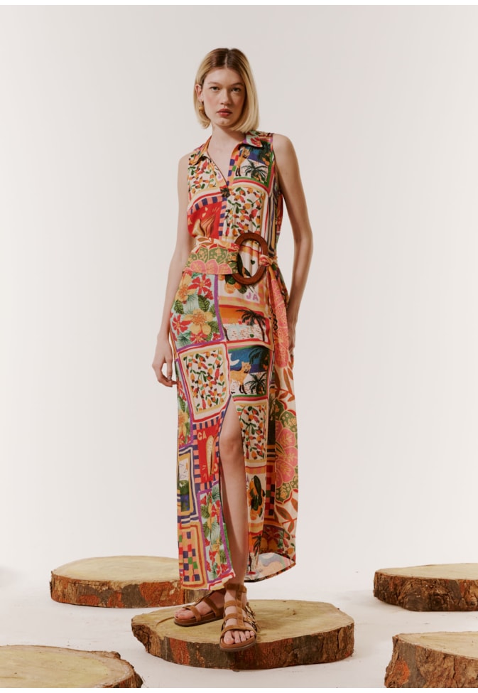 Vestido Longo Golinha Estampado Patch Cerrado