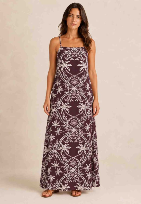 Vestido Longo Guipir Costas Estampado Vista Frontal