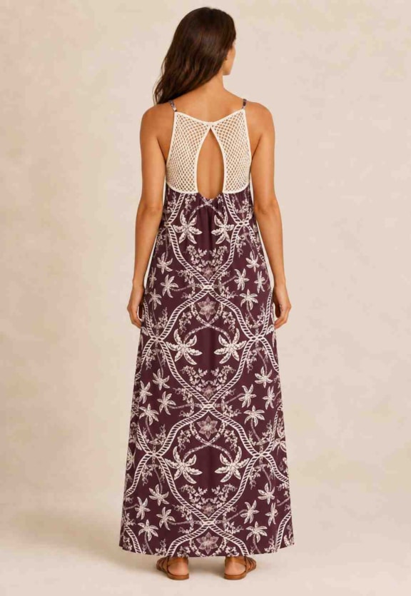 Vestido Longo Guipir Costas Estampado Vista Traseira