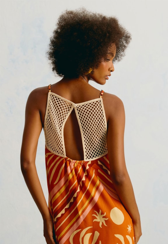 Vestido Longo Guipir Estampado Lenço Folhagem Vista Traseira