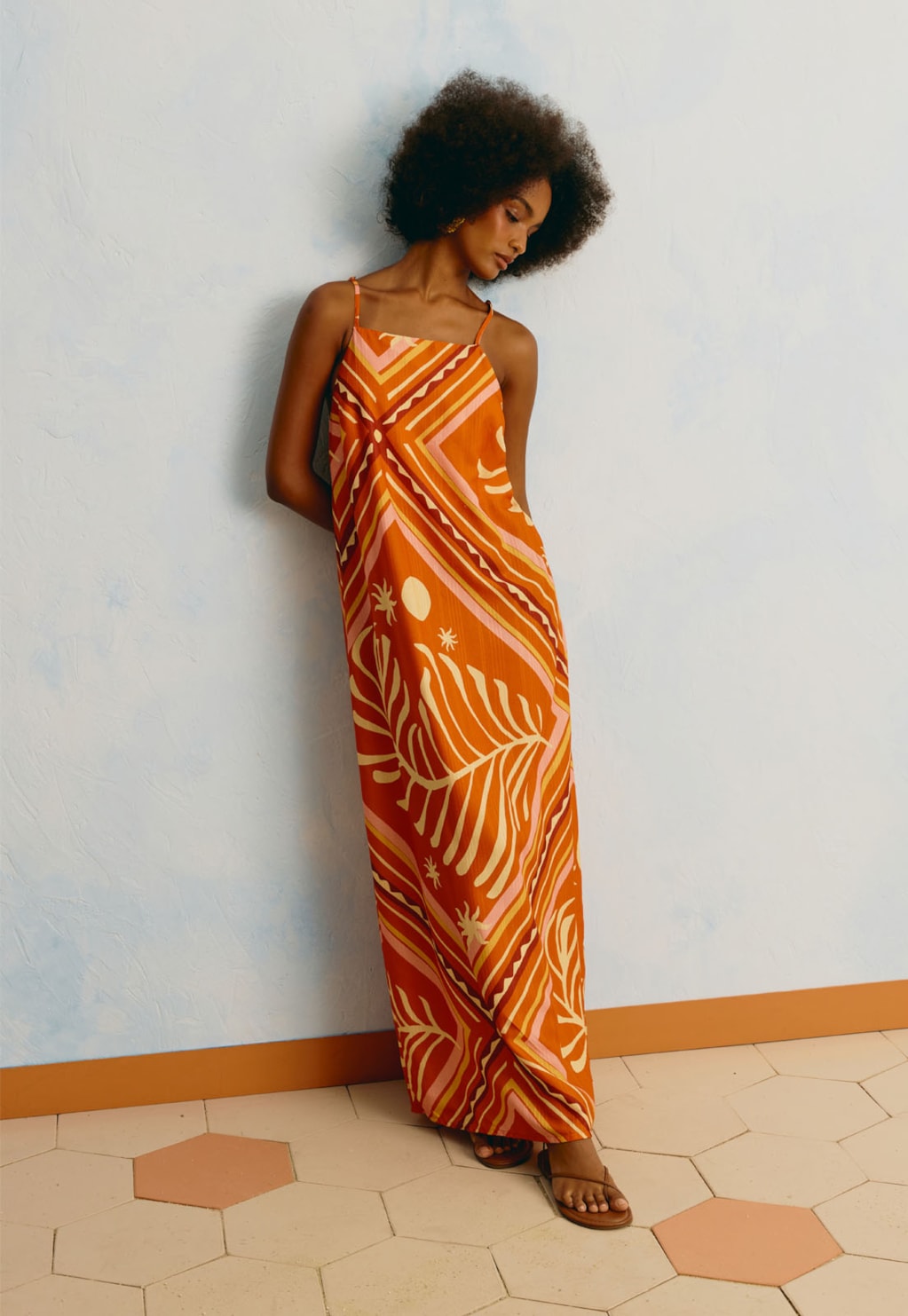 Vestido Longo Guipir Estampado Lenço Folhagem