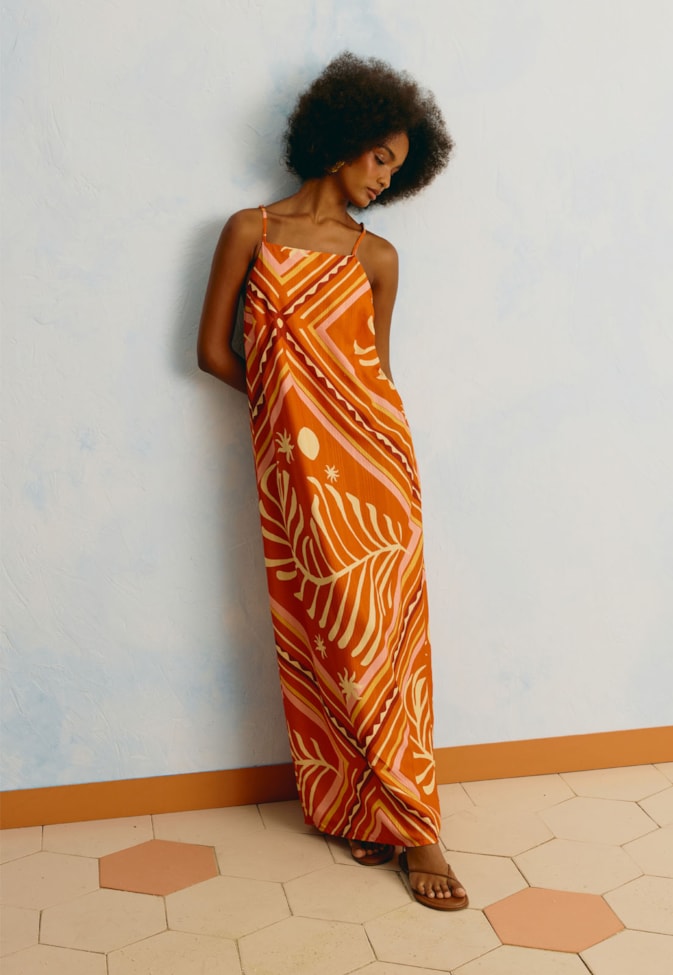 Vestido Longo Guipir Estampado Lenço Folhagem