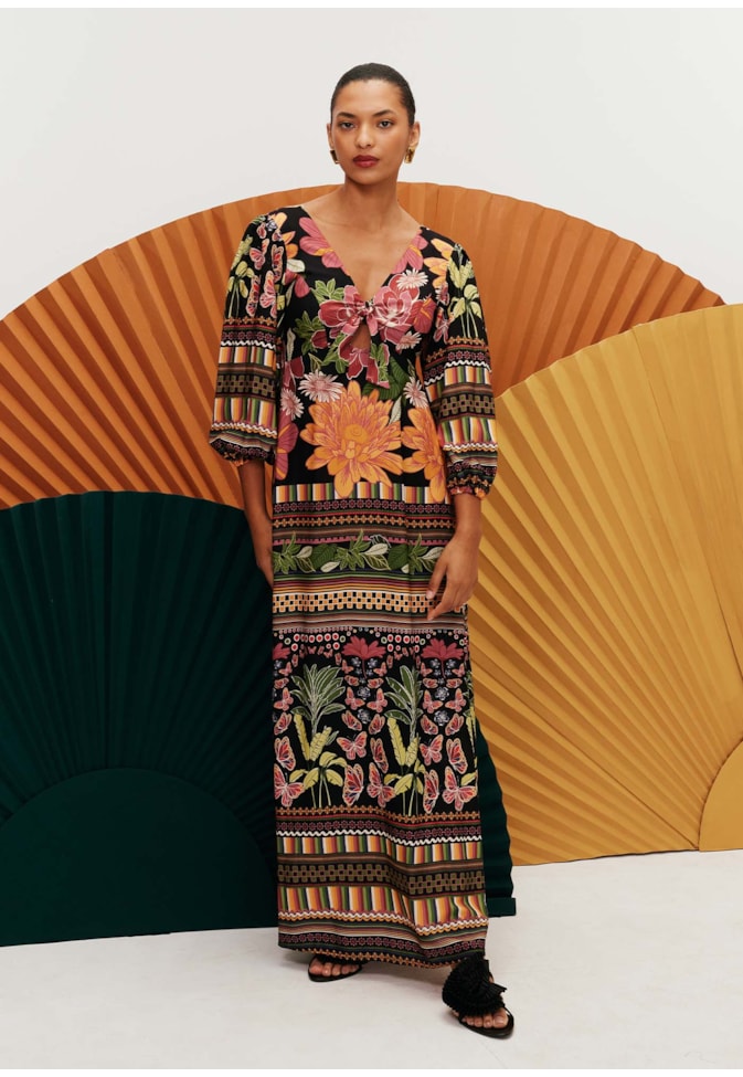 Vestido Longo Laço Decote Estampado Gafieira