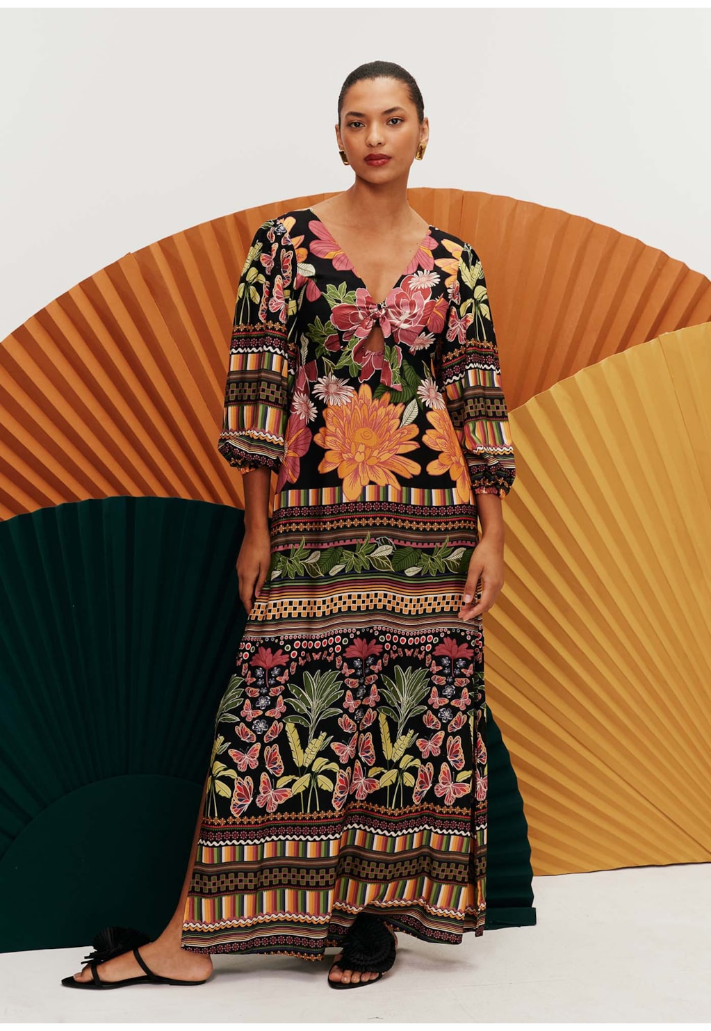 Vestido Longo Laço Decote Estampado Gafieira