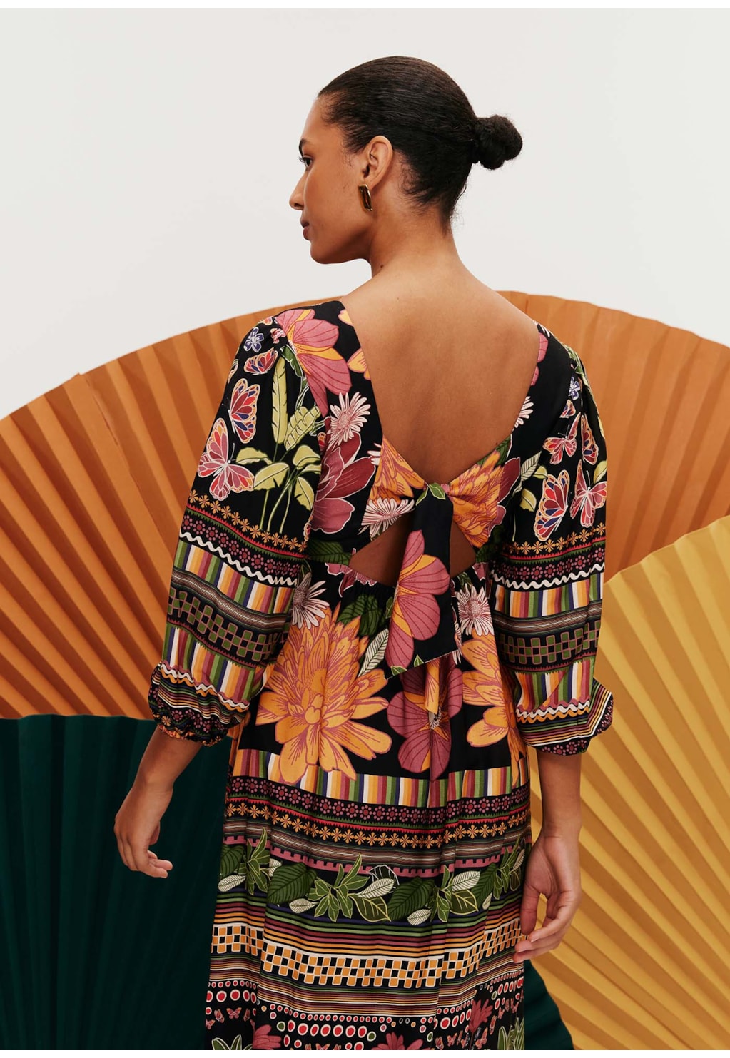 Vestido Longo Laço Decote Estampado Gafieira