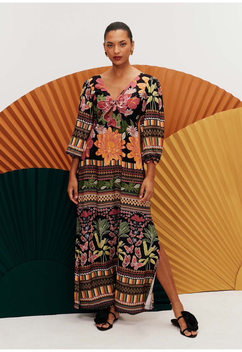 Vestido Longo Laço Decote Estampado Gafieira