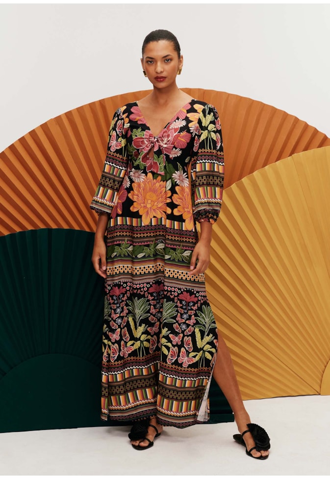 Vestido Longo Laço Decote Estampado Gafieira