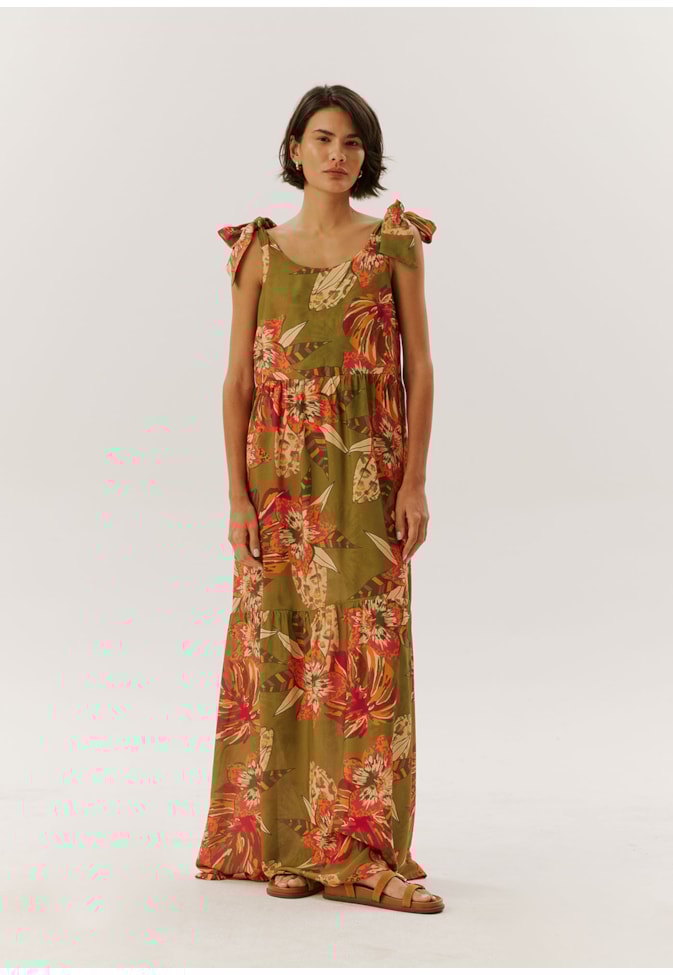 Vestido Longo Laços Estampado Flor do Cerrado