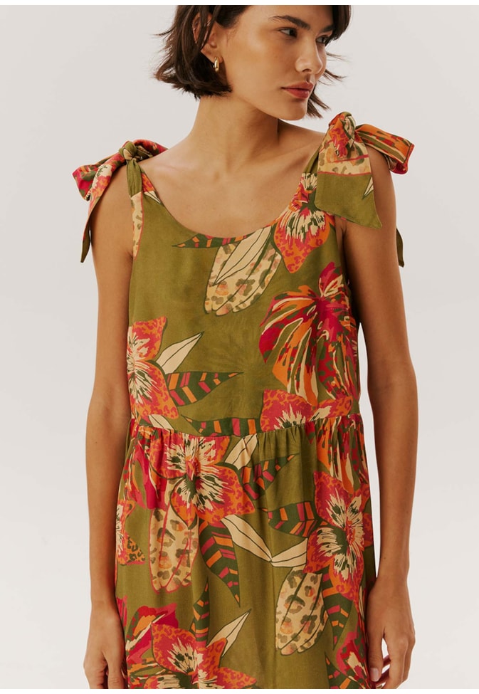 Vestido Longo Laços Estampado Flor do Cerrado