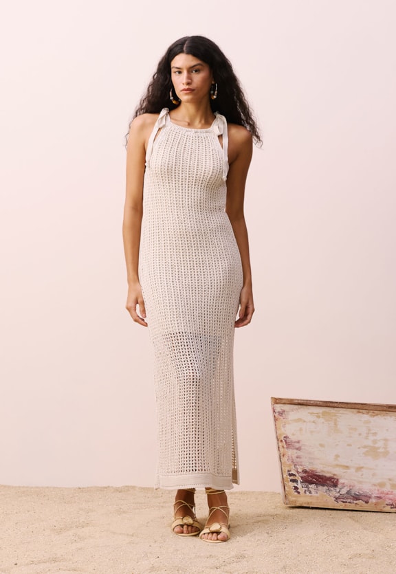 Vestido Longo Laços Ombros Rendado Tricot Vista Frontal