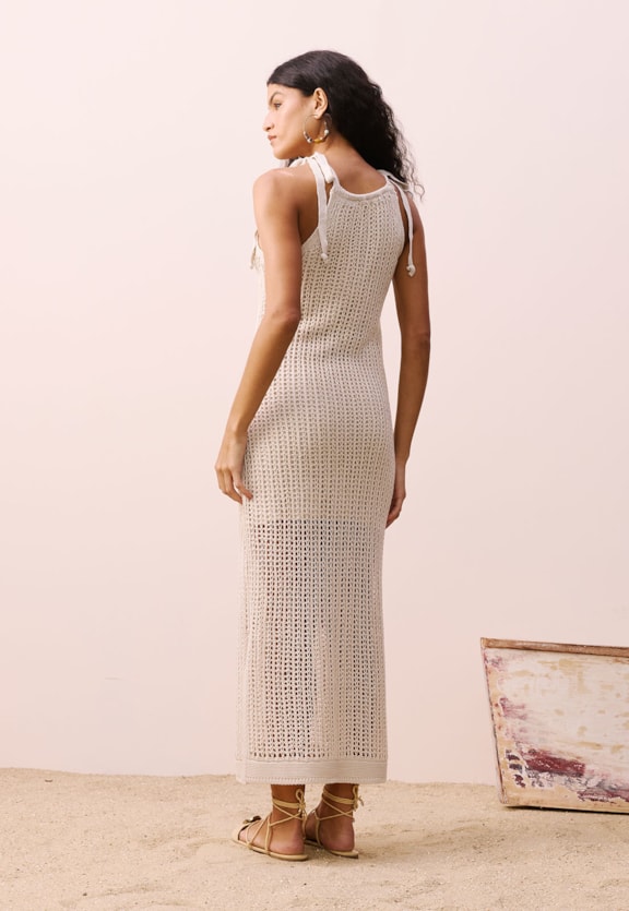 Vestido Longo Laços Ombros Rendado Tricot Vista Traseira