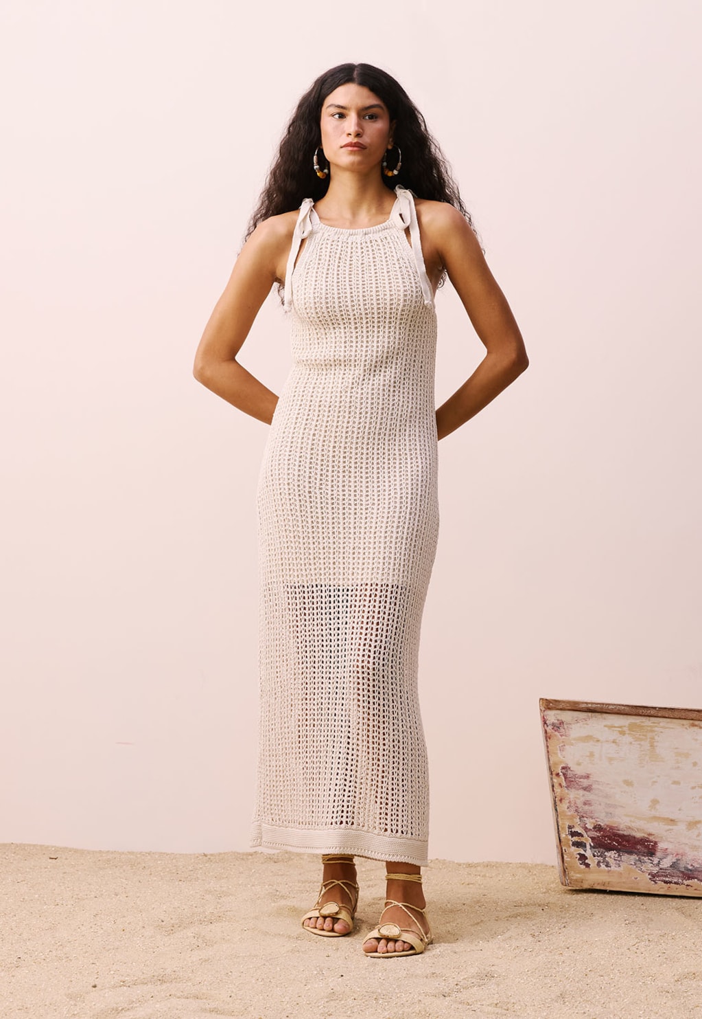 Vestido Longo Laços Ombros Rendado Tricot