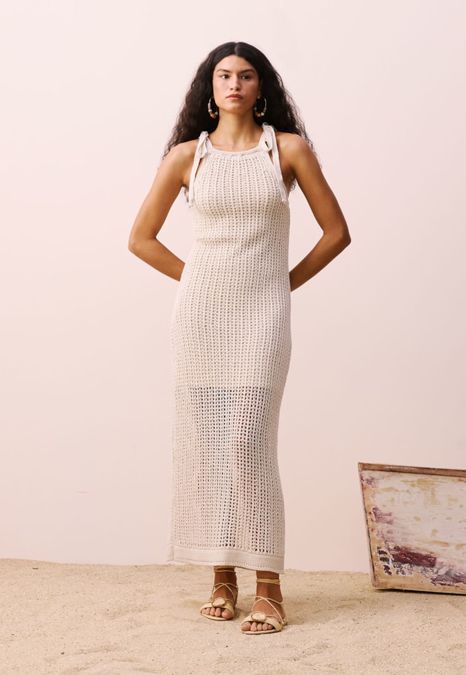 Vestido Longo Laços Ombros Rendado Tricot