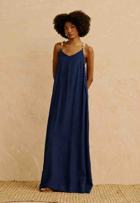 Vestido Longo Liso Alça com Pedras Vista Frontal