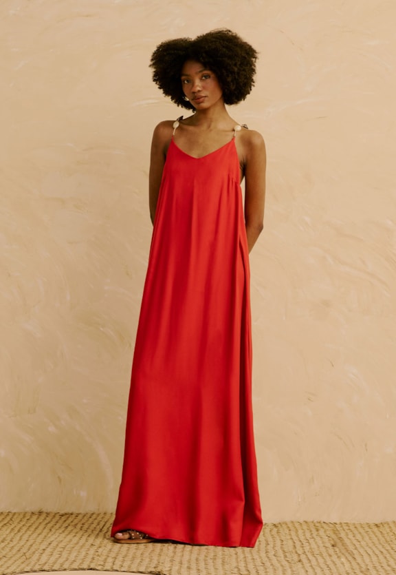 Vestido Longo Liso Alça com Pedras Vista Frontal