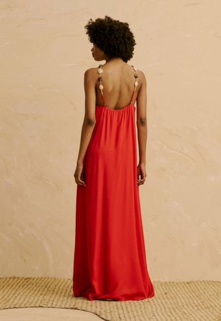 Vestido Longo Liso Alça com Pedras Vista Traseira