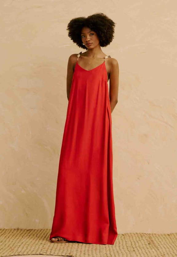 Vestido Longo Liso Alça com Pedras Vista Traseira