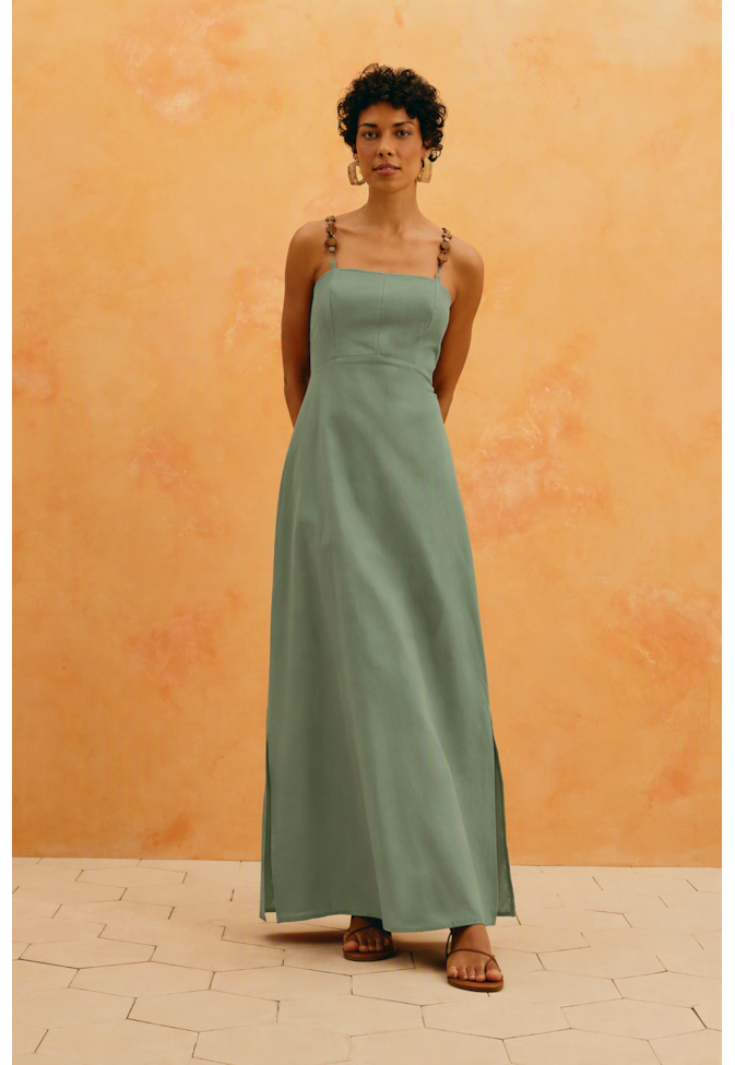 Vestido Longo Liso Alça Madeira