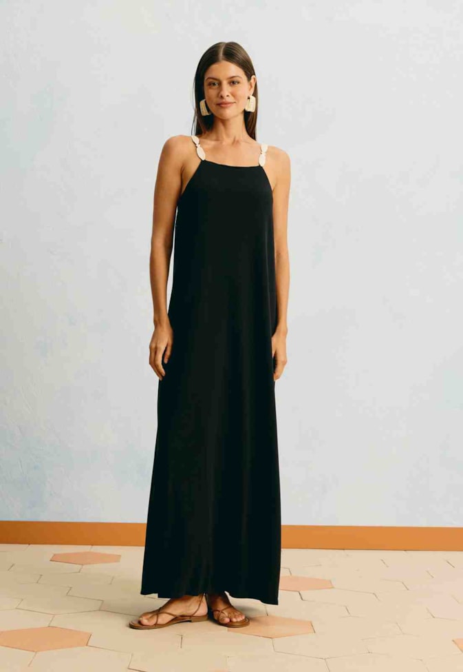Vestido Longo Liso Alça Peixes
