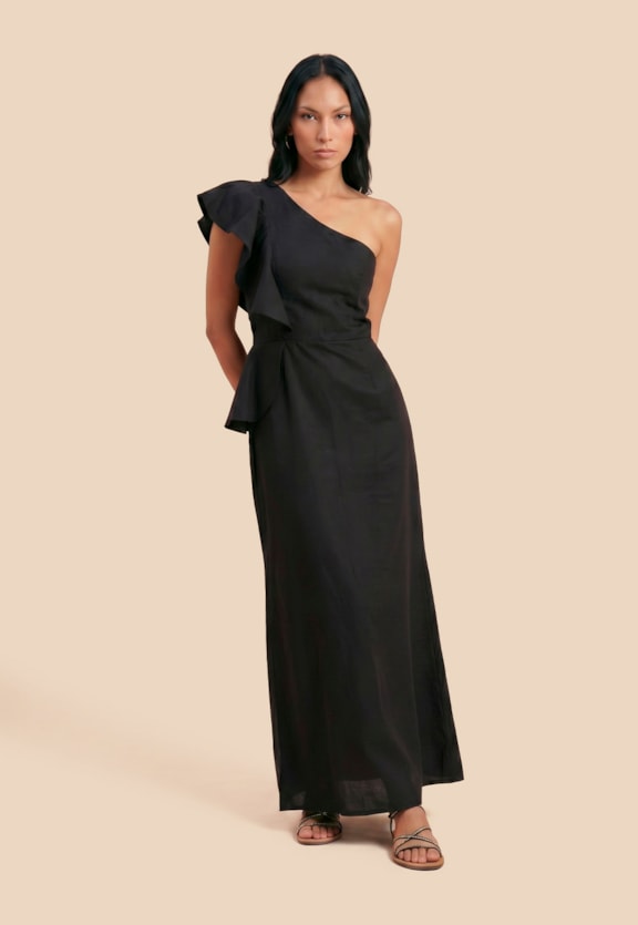 Vestido Longo Liso Detalhe Babado Vista Frontal