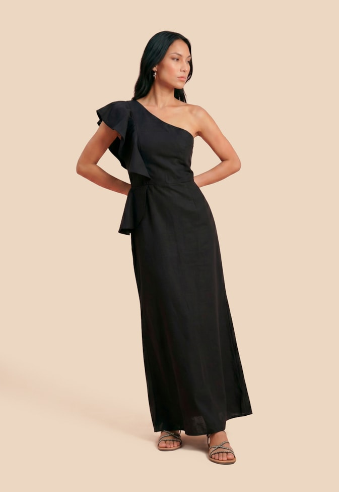 Vestido Longo Liso Detalhe Babado