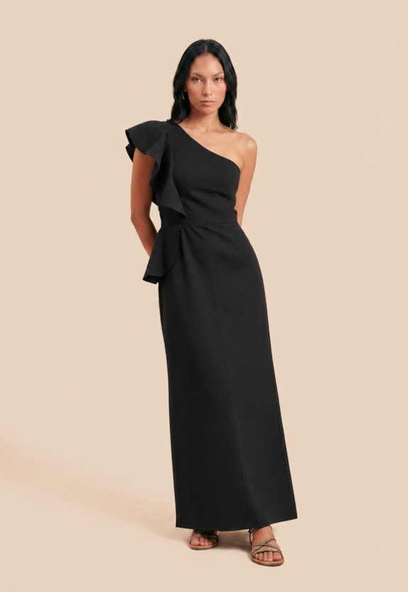 Vestido Longo Liso Detalhe Babado  Vista Frontal