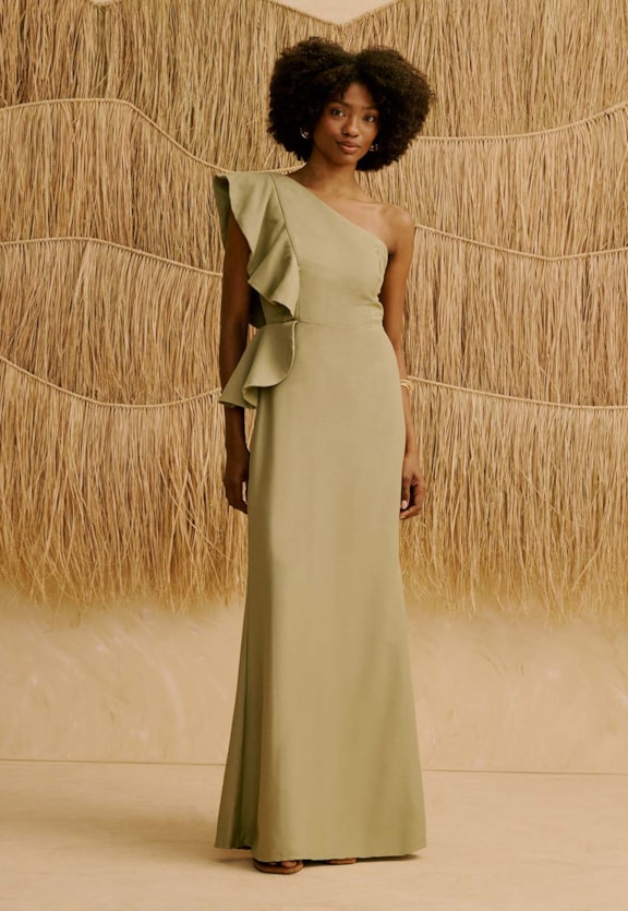 Vestido Longo Liso Detalhe Babado Vista Frontal