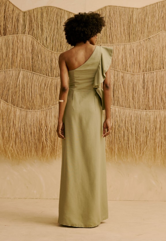 Vestido Longo Liso Detalhe Babado  Vista Traseira