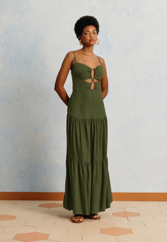 Vestido Longo Liso Detalhe Busto Vista Frontal