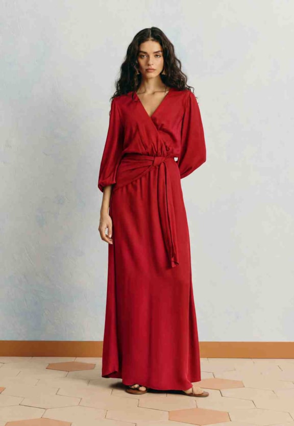Vestido Longo Liso Detalhe Lenço Vista Frontal