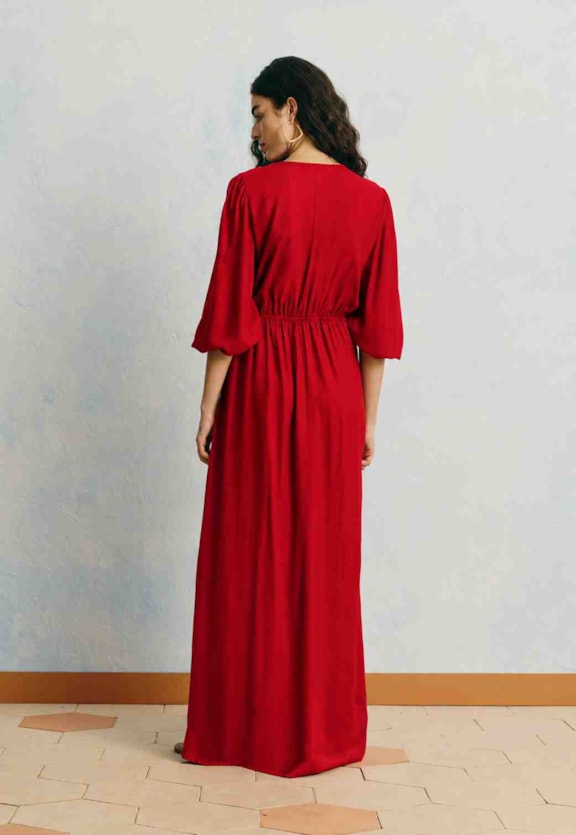 Vestido Longo Liso Detalhe Lenço Vista Traseira