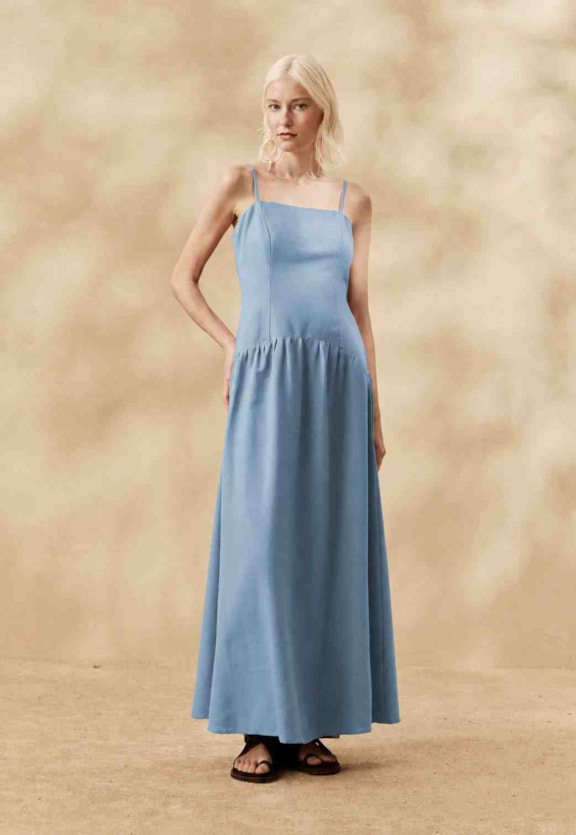 Vestido Longo Liso Drop Waist  Vista Frontal