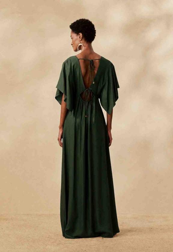 Vestido Longo Liso Manga Ampla Vista Traseira