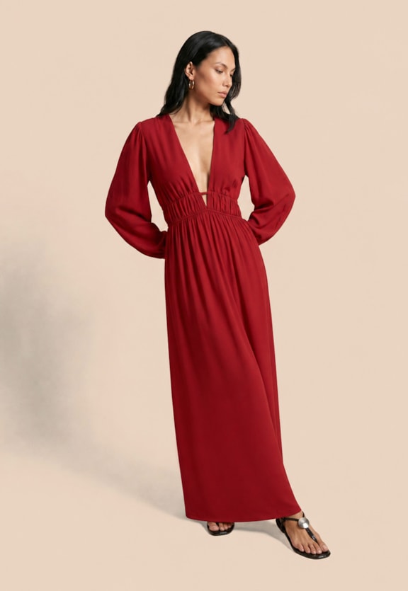 Vestido Longo Liso Manga Longa  Vista Frontal