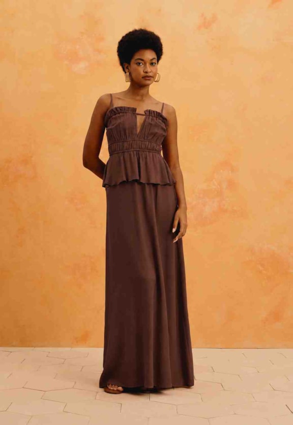 Vestido Longo Liso Peplum Babados Vista Frontal