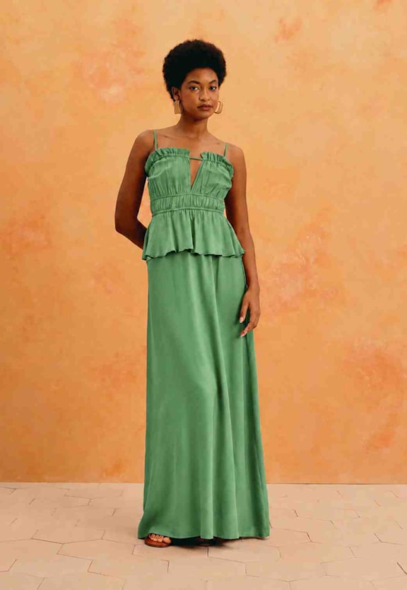 Vestido Longo Liso Peplum Babados Vista Frontal