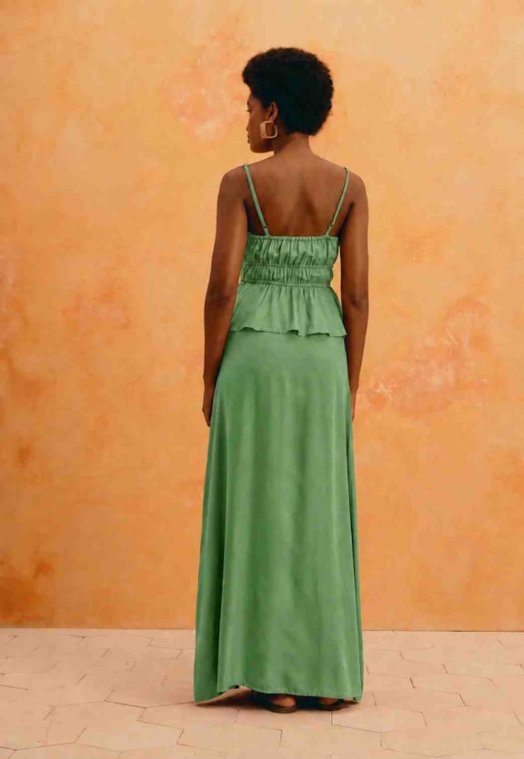 Vestido Longo Liso Peplum Babados Vista Traseira