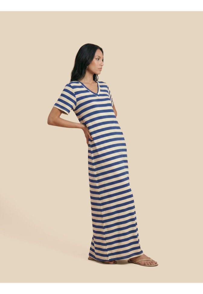 Vestido Longo Liso Reto Gola V