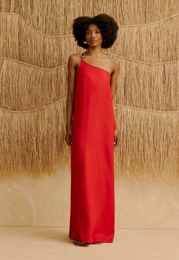 Vestido Longo Liso Um Ombro Só com Detalhe Alça Metal Vista Frontal