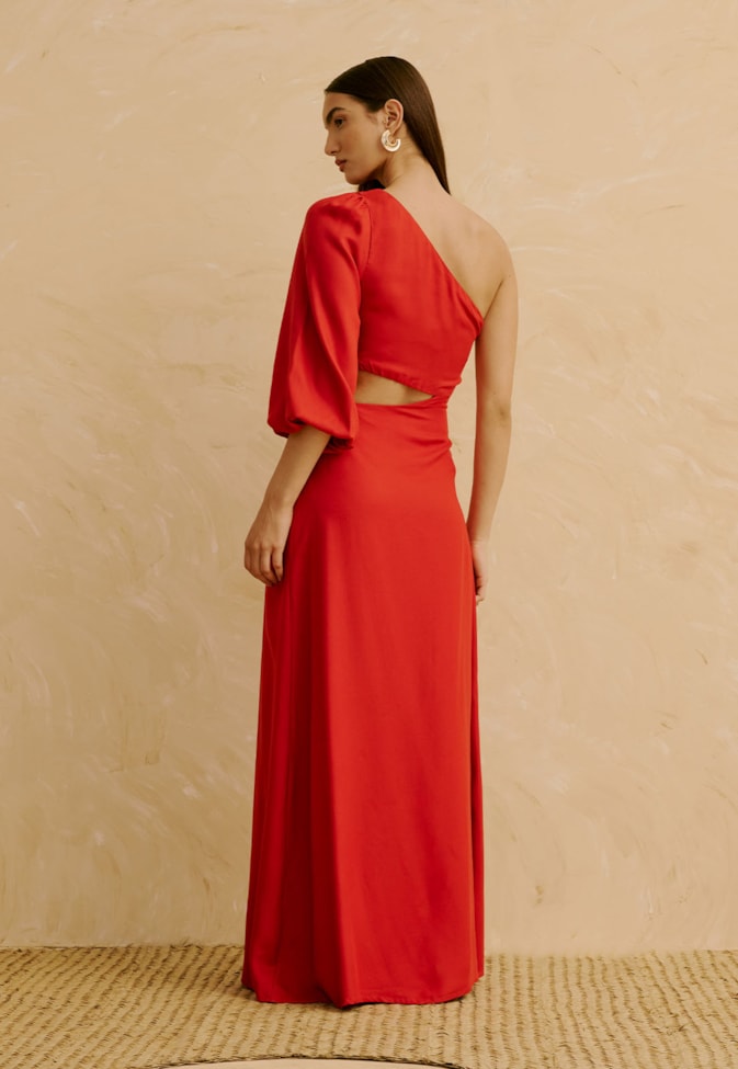 Vestido Longo Liso Um Ombro Só com Detalhe na Cintura