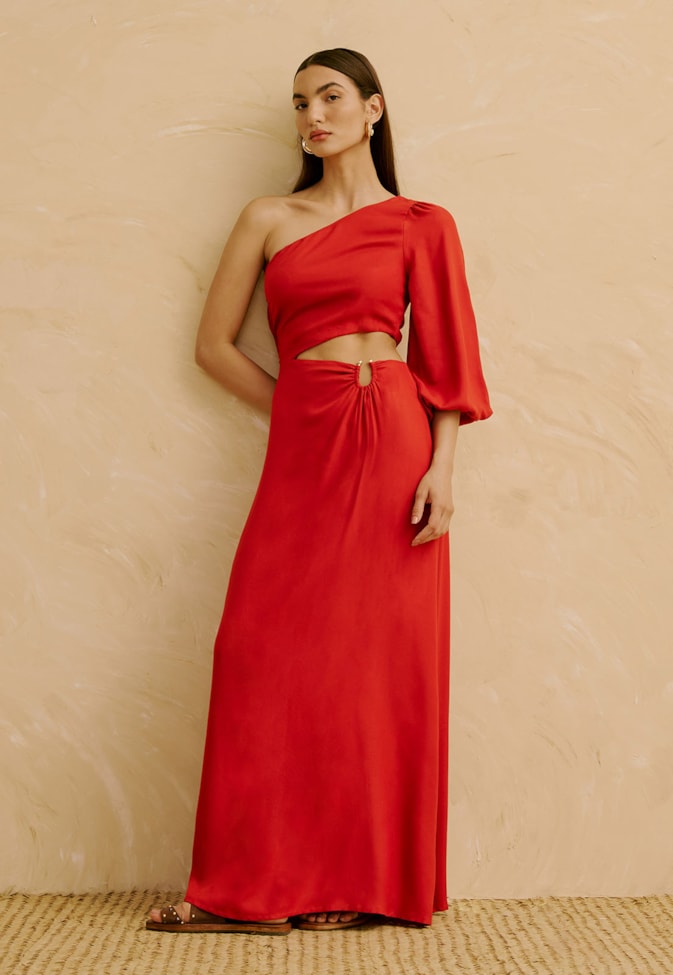 Vestido Longo Liso Um Ombro Só com Detalhe na Cintura