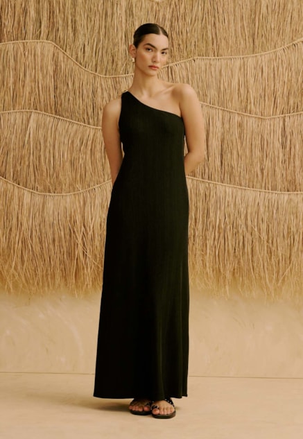 Vestido Longo Liso Um Ombro Só com Passador Vista Frontal