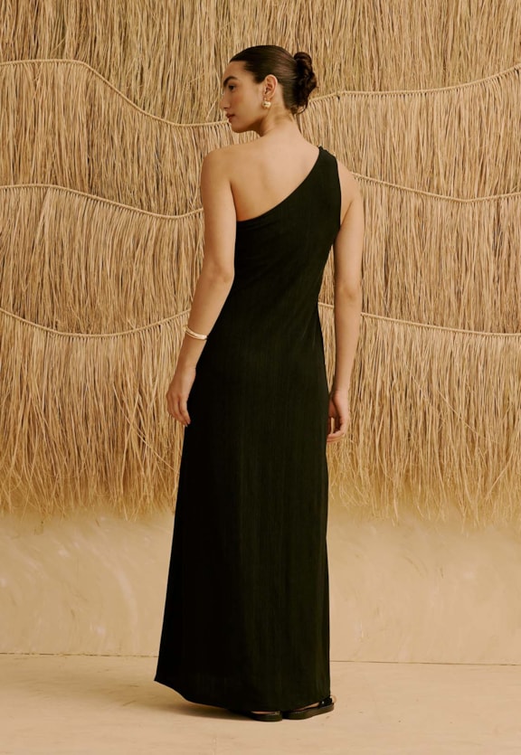 Vestido Longo Liso Um Ombro Só com Passador Vista Traseira